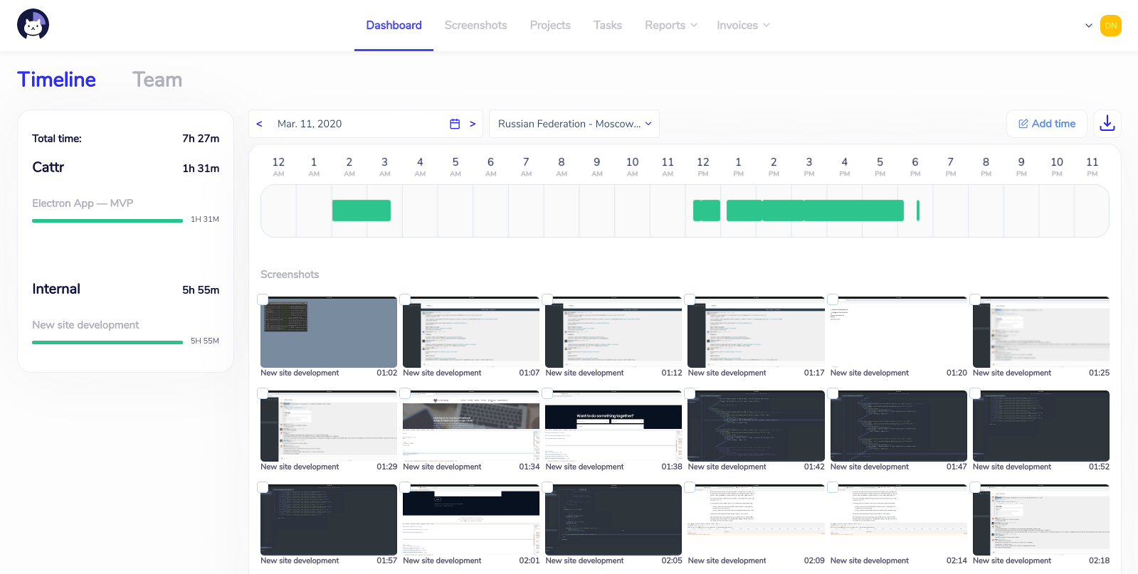 Screenshot of the Dashboard page