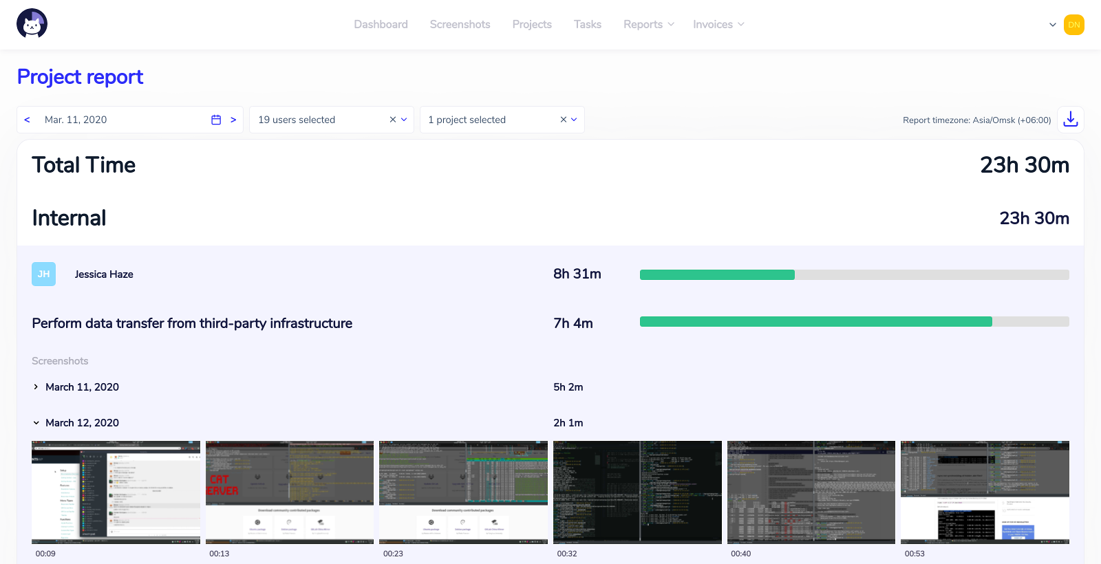 Screenshot of the Project Report page