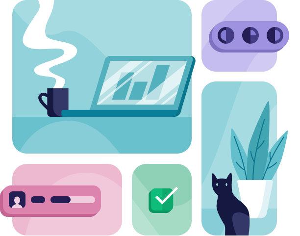Illustration consists of four miniature drawings: notebook with a cup of coffee, clock faces, checked tickbox, cat and plant, and user badge silhouette